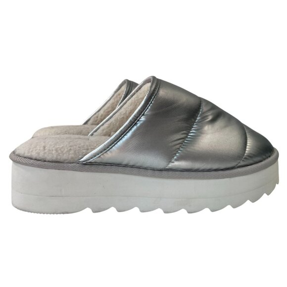 Maeve Puffy Platform Slippers Womens L 10 11 Silver Slip On Slide Puffer Quilted - Picture 2 of 13